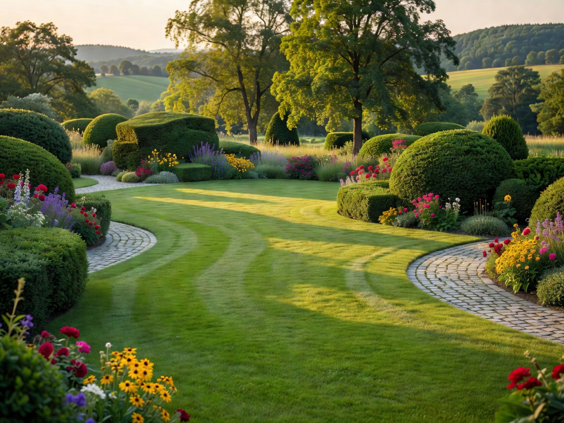 Authentic daylight photograph of a residential garden lawn and manicured shrub borders in Thüringen