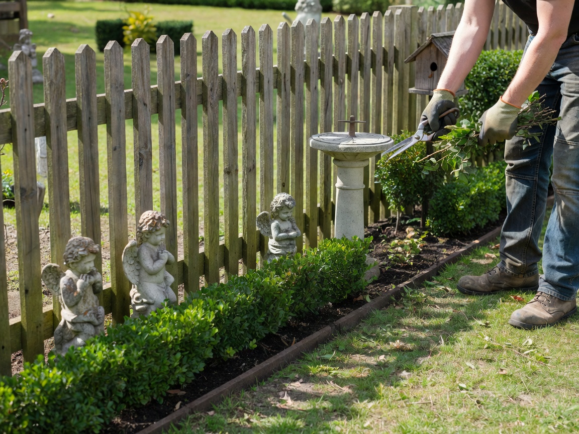 Gardener with grass trimmer carefully trimming around fence border and garden edges