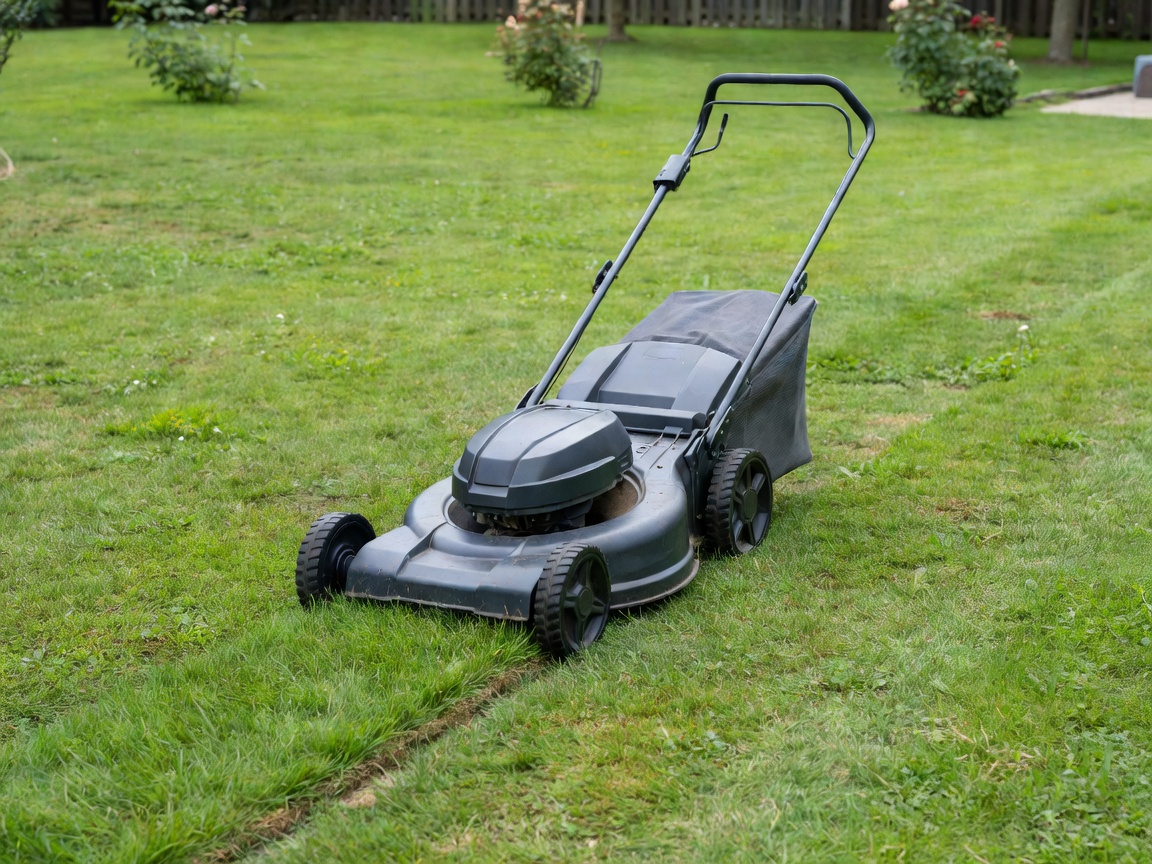 Close realistic view of lawn mower wheels and cutting deck actively mowing grass on a residential property, displaying clean cutting action
