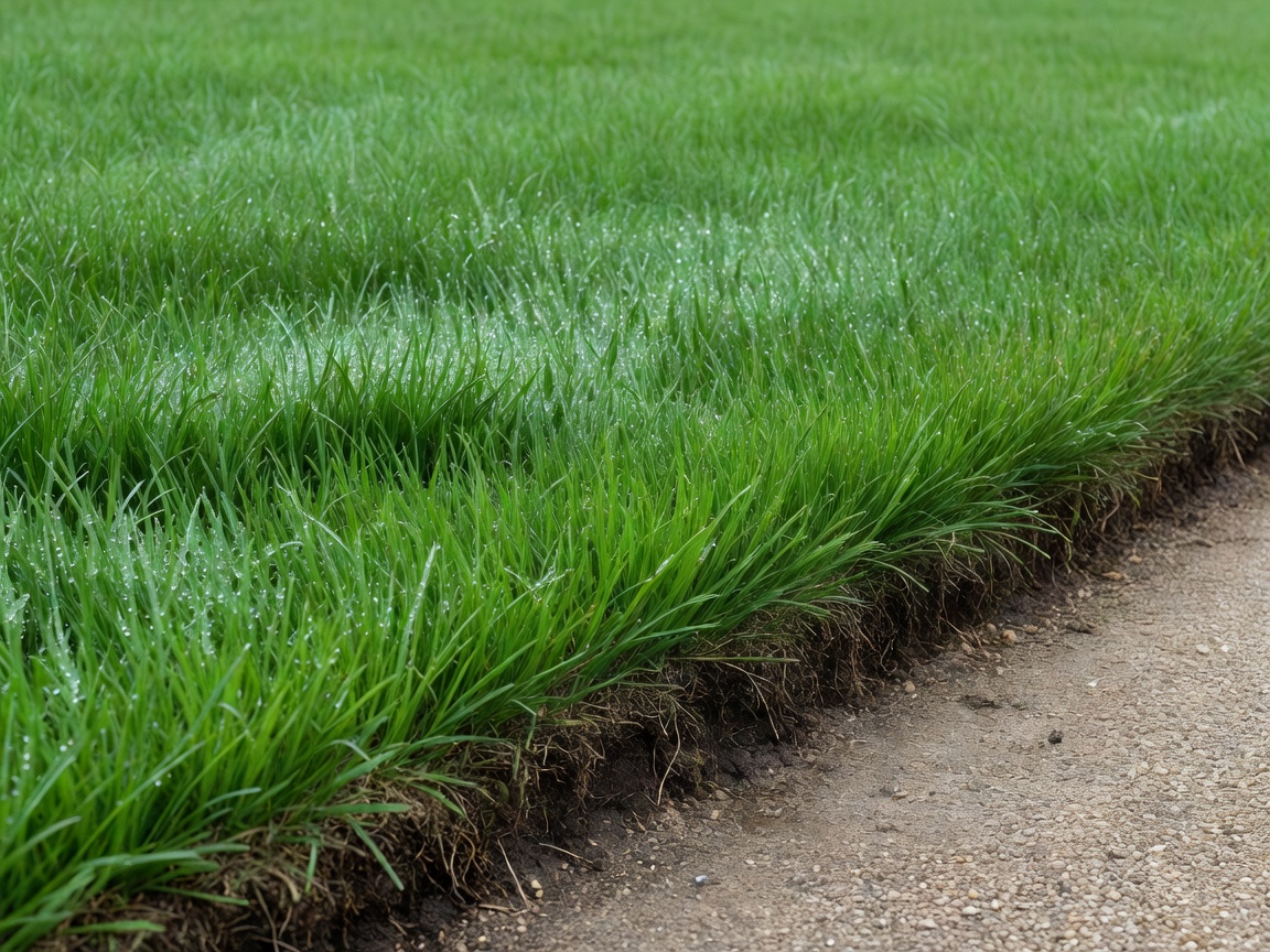 Close-up photograph of precise garden lawn edge trimmed cleanly beside paved garden stones