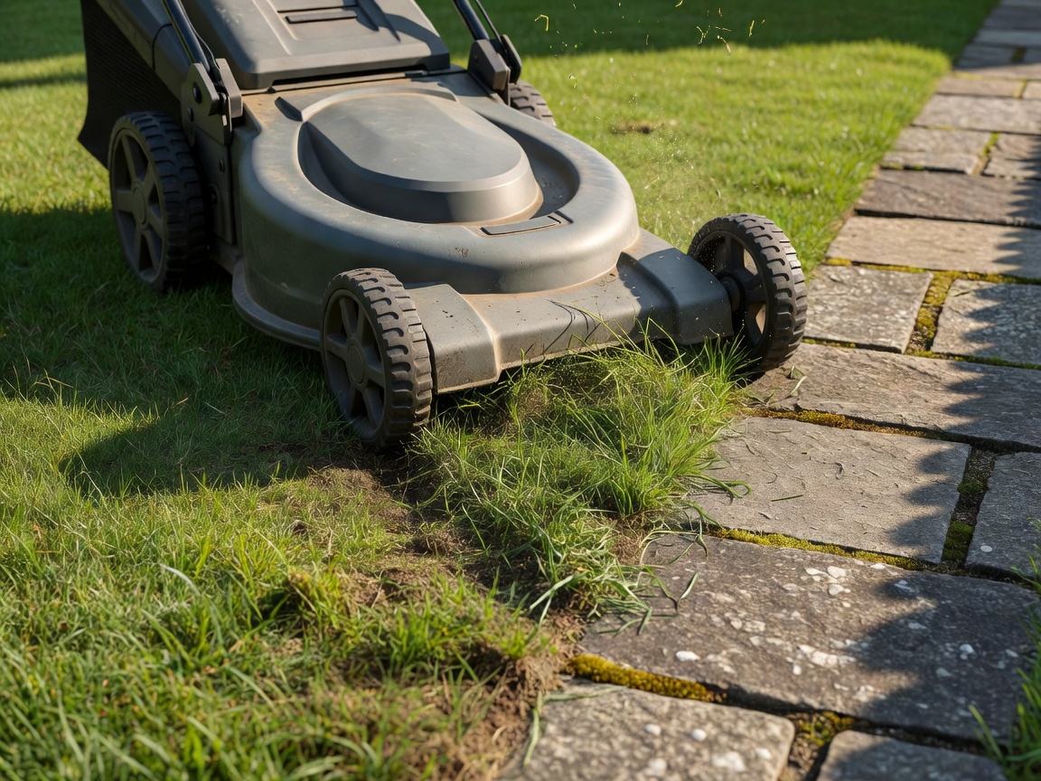 Close but realistic view of a lawn mower's wheels and cutting deck actively cutting grass beside a stone pathway on a residential property