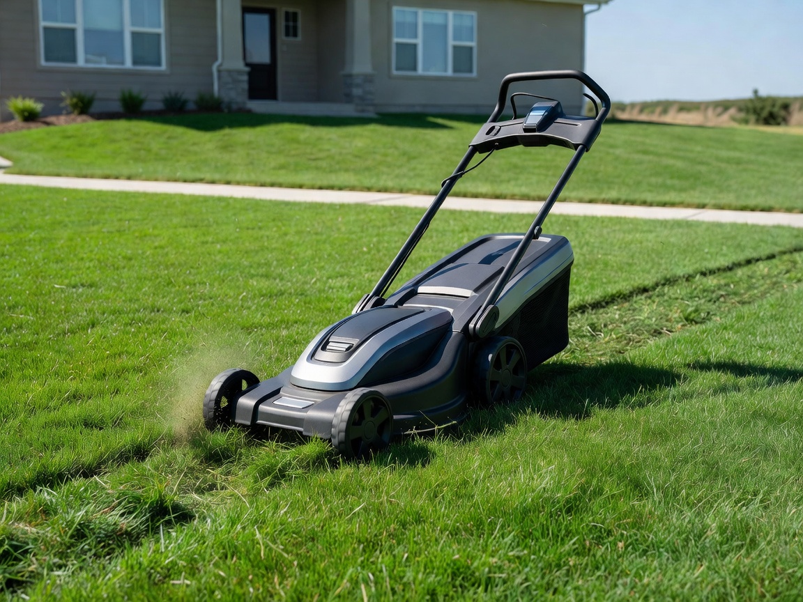 Professional photograph of a modern electric lawn mower actively cutting grass on a residential lawn, with the mower as the main visible subject