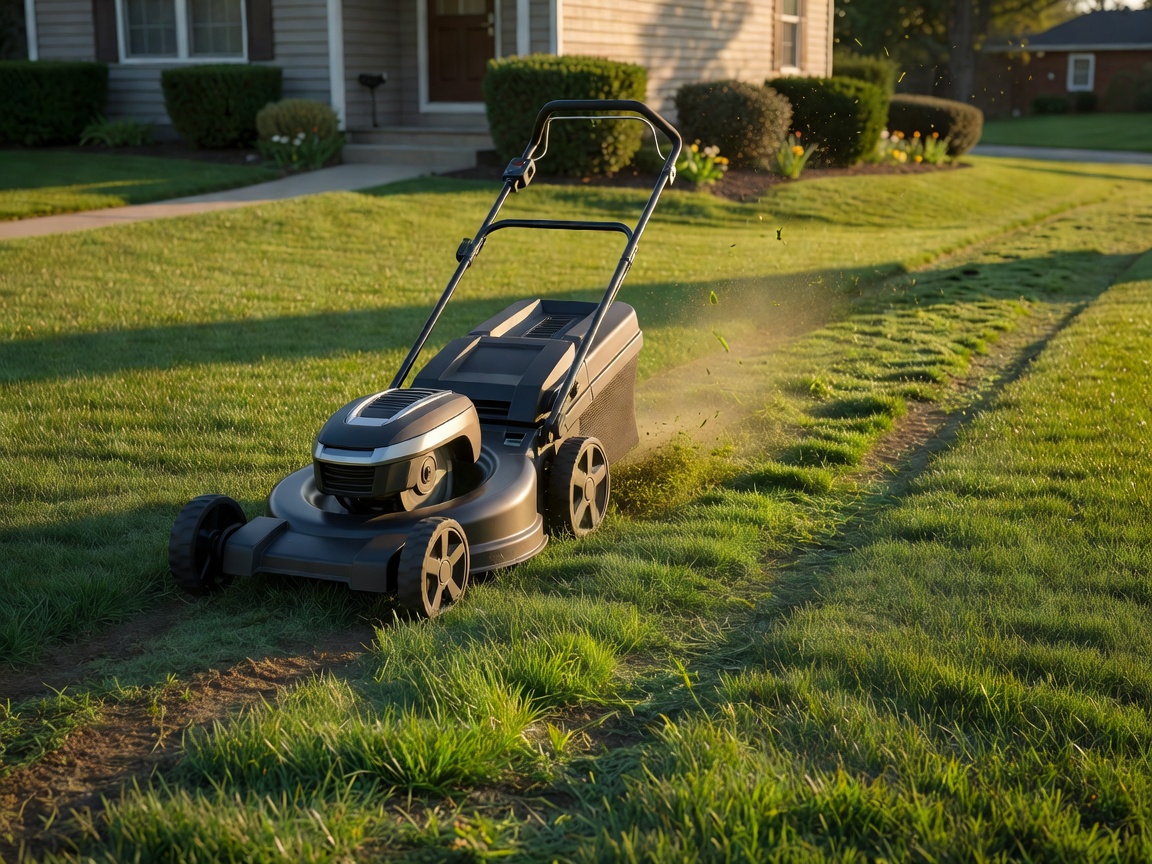 Authentic professional photograph of a modern walk-behind lawn mower actively cutting grass on a real residential lawn, leaving clearly visible freshly cut grass behind