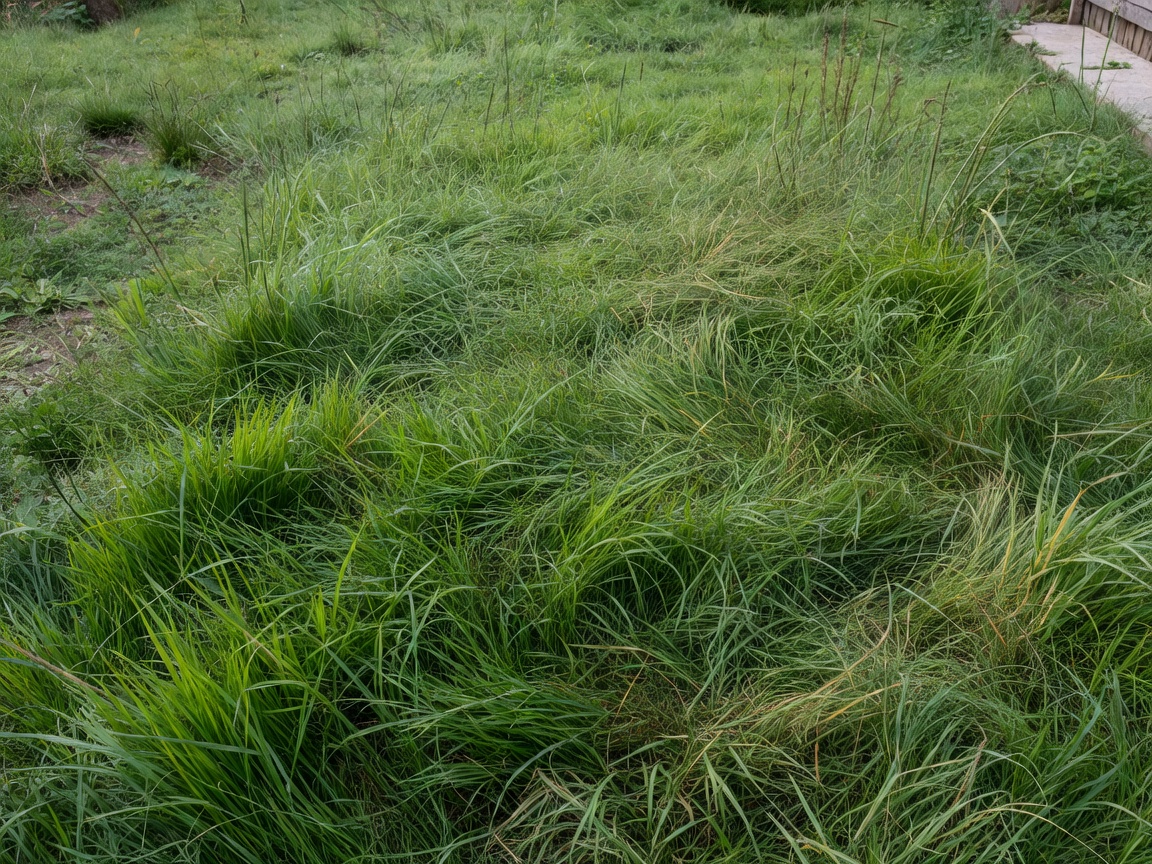Real photograph of tall unkept grass and ragged lawn borders before mowing