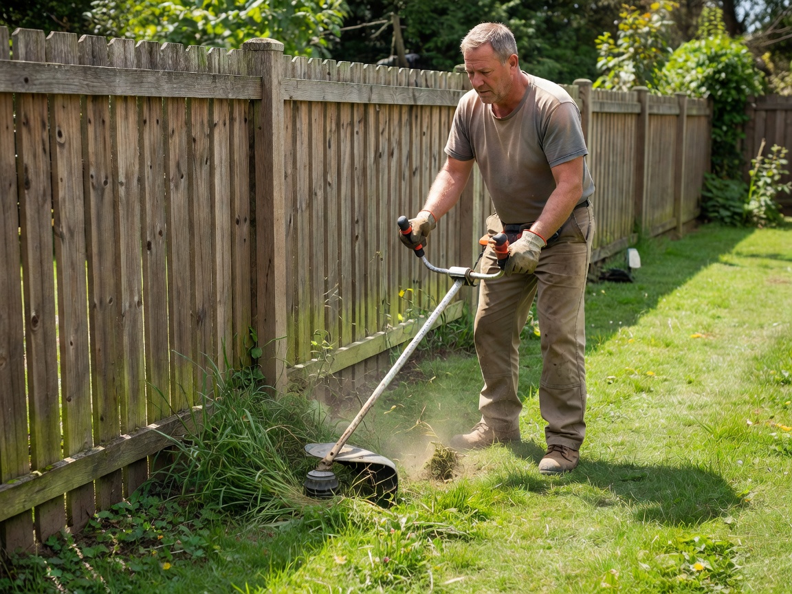 Real gardener operating a string trimmer along a wooden boundary fence in a private garden