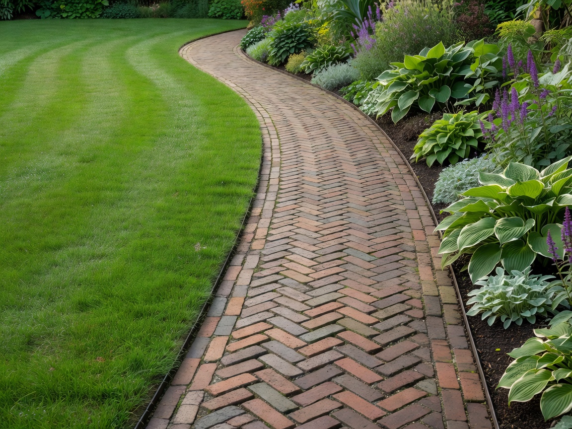 Lawn care worker cutting a sharp edge along a garden brick pathway with a mechanical edger