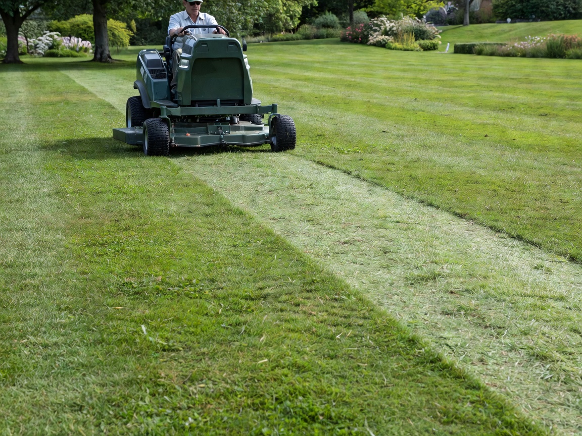 Professional ride-on lawn mower actively cutting a larger garden lawn in a natural outdoor environment with freshly cut grass behind it