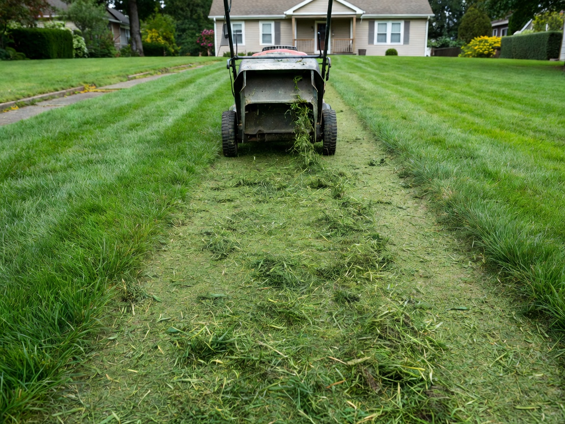 Rear view of a lawn mower machine as the main visible subject, leaving a trail of freshly cut grass on a residential front garden