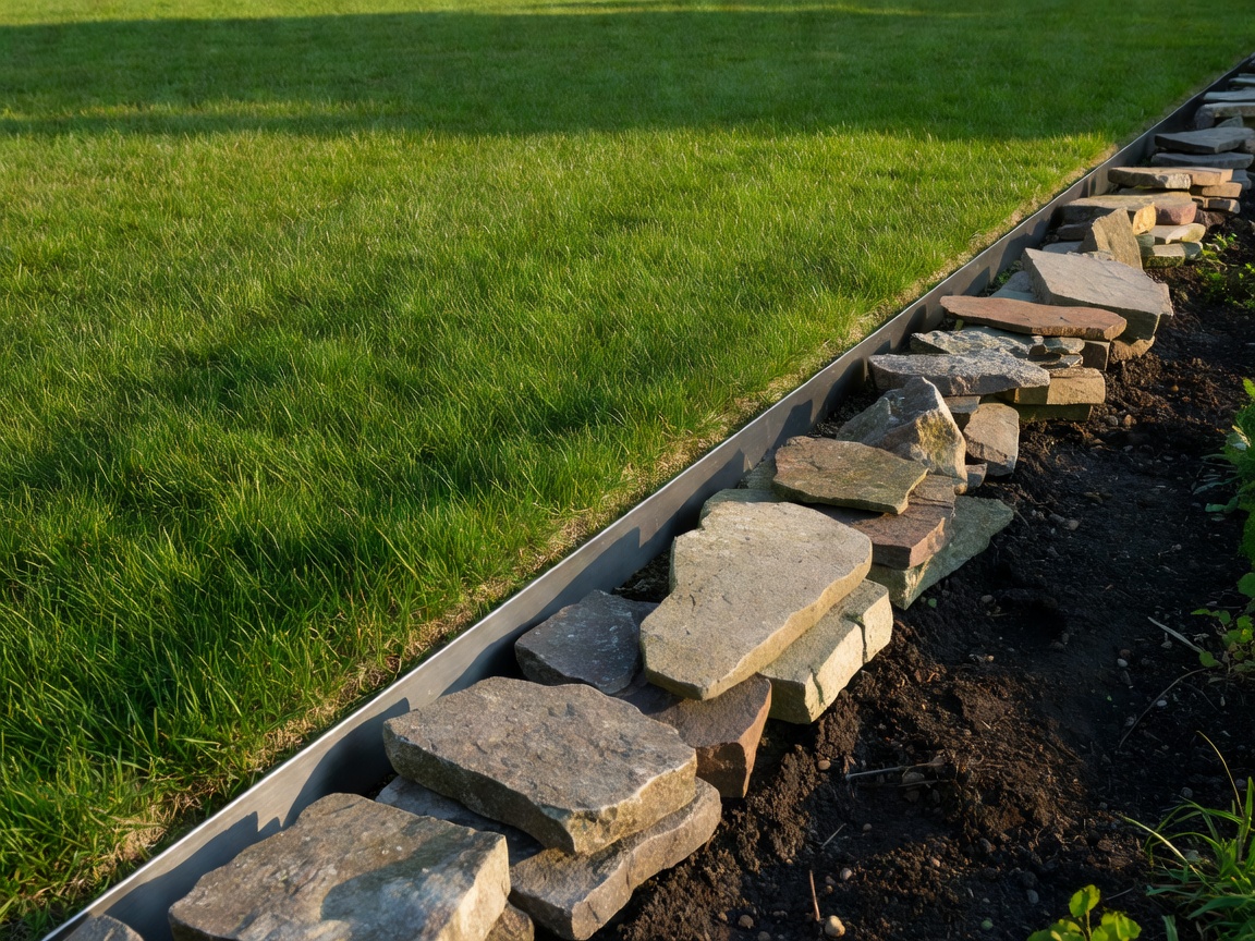 Close side-angle photograph of sharp straight lawn edging along stone garden borders
