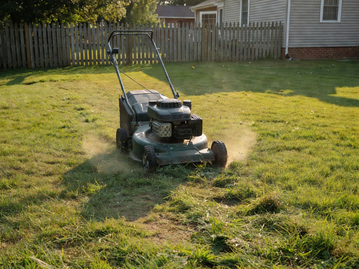 Side view of a realistic petrol lawn mower as the main subject actively cutting grass in a natural outdoor residential environment with freshly cut grass visible behind