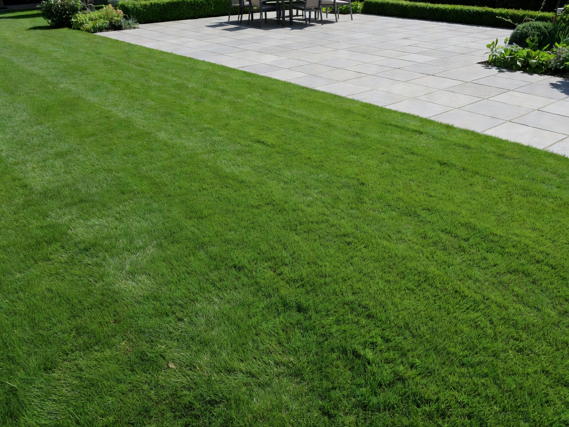 Spotless paved patio and clean lawn edges after thorough clippings removal and sweeping