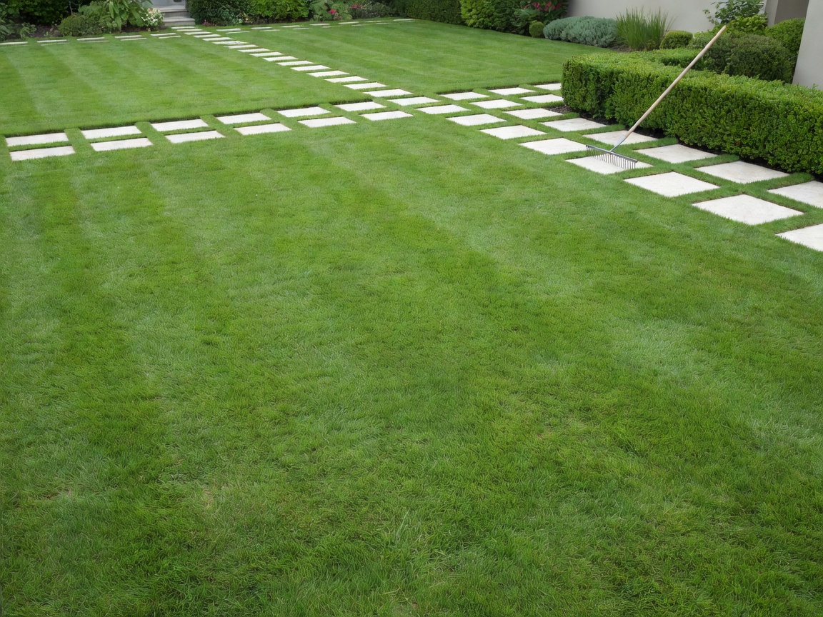 Spotless garden lawn and swept stone patio free of loose grass clippings after garden cleanup