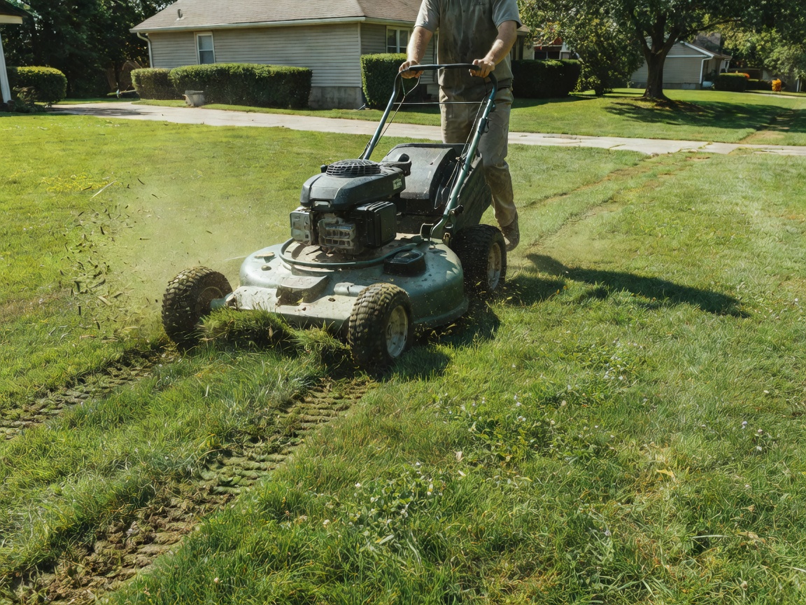 Wide view of a professional walk-behind lawn mower actively cutting grass across a real residential lawn in a natural outdoor environment